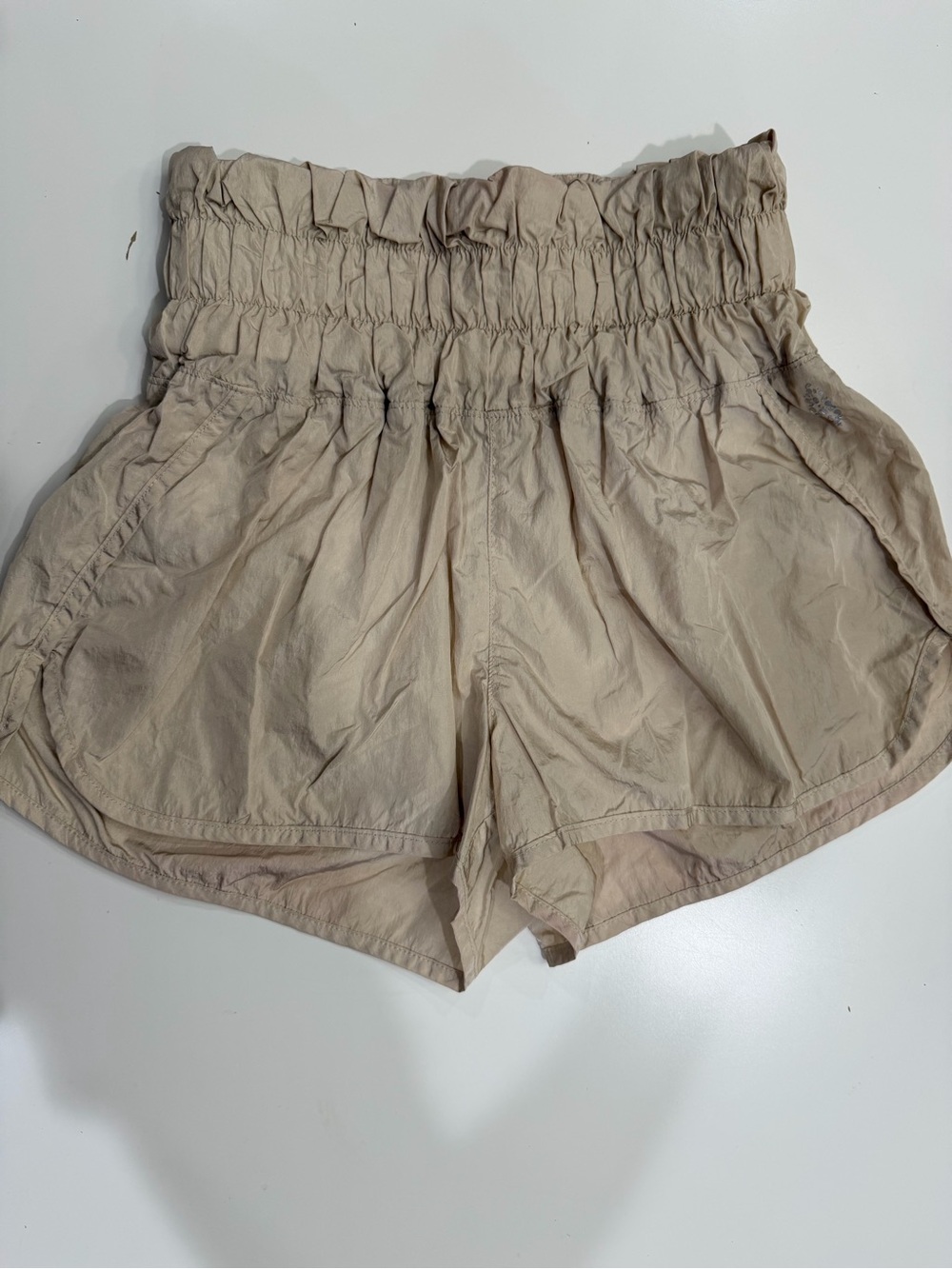 Free People High-Waist Paperbag Athletic Shorts in Beige